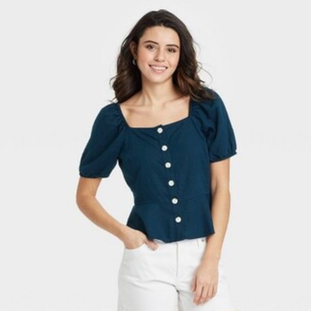 Universal Thread Linen Navy Peplum Button-Up Blouse XL NWT - Picture 4 of 12